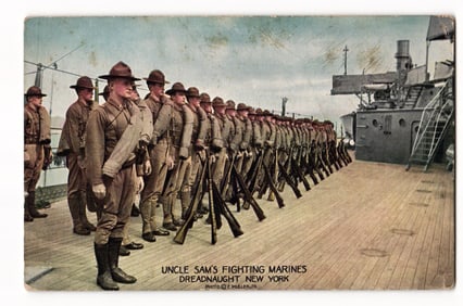 c.1910s Postcard of US Marines on Dreadnought Battleship Deck, New York; Soapine Ad Back