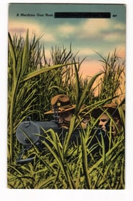 Military Linen Postcard: US Army Soldiers in Machine Gun Nest with Campaign Hats, Chattanooga, TN