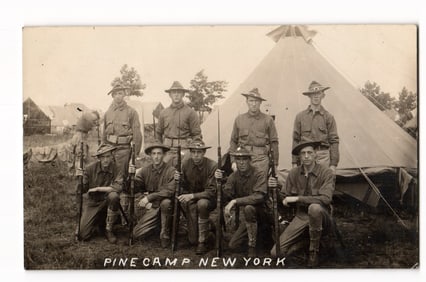 WWI Era RPPC of US Army Infantry Soldiers with Rifles & Bayonets at Pine Camp, New York c. 1917