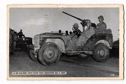 WWII Army Signal Corps Photo Postcard, Jeep w/ .50 Caliber Anti-Tank Gun, Camp Pickett, VA 1943