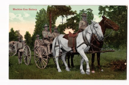 c. 1910s Military Postcard Depicting US Army Machine Gun Battery with Horse-Drawn Gun Carriage.
