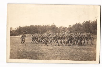 WWI Era RPPC of U.S. Army Infantry Soldiers on a Drill March in a Field, Photo by Shydloski.