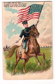 c. 1905 patriotic postcard of a US cavalryman with a 45-star flag. Posted from New York City.