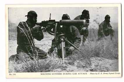 WWI U.S. Army recruiting postcard featuring machine gunners in gas masks during a combat drill.