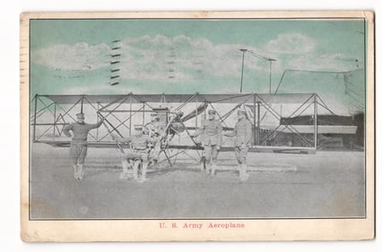 1909 Patriotic Series Postcard, U.S. Army Wright Biplane, Fort Sam Houston, San Antonio, TX.
