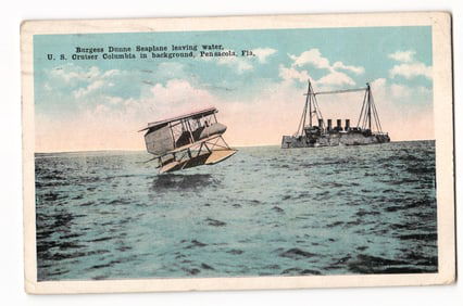 Pensacola, Fla. Postcard: Burgess-Dunne Seaplane & U.S. Cruiser Columbia, Early Naval Aviation