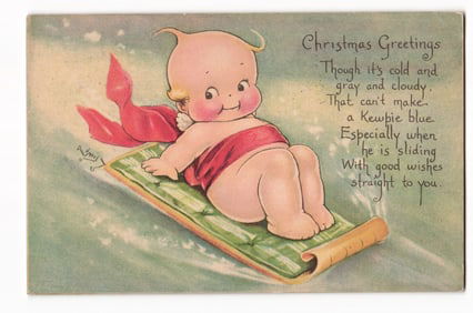 1930 Rose O'Neill Kewpie Christmas Postcard, Baby on Sled, Gibson Lines, St. Louis MO Postmark