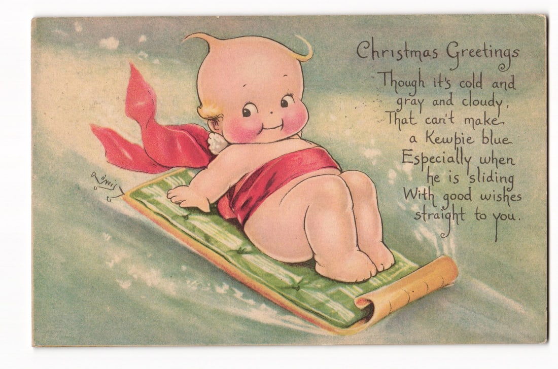 1930 Rose O'Neill Kewpie Christmas Postcard, Baby on Sled, Gibson Lines, St. Louis MO Postmark: Please view photos for further description and condition considerations. Please know the scans may be darker or lighter than the actual card's true appearance. ACME Auctions offers FREE DOMESTIC SHIPP