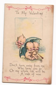 c. 1910s Rose O'Neill Kewpie Valentine Postcard, Gibson Art Co., Kewpies Under Umbrella, NY Postmark