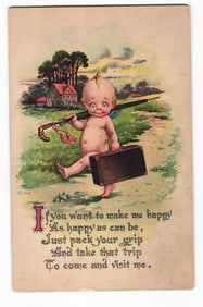 Early 20th C. Gartner & Bender Postcard. Bizarre Winged Baby Traveler with Grip, "Visit Me" Poem.