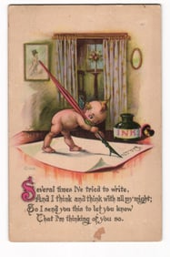 Gartner & Bender Postcard, Horned Devil Cupid Writing Poem, 1913 Postmark from Caldwell, N.J.