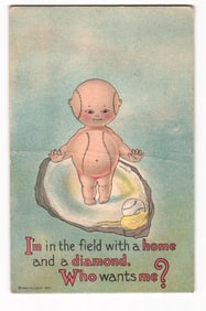 1910 Fame Series Postcard Kewpie-Style Baseball Baby in Oyster Shell "Home & Diamond" Pun NYC