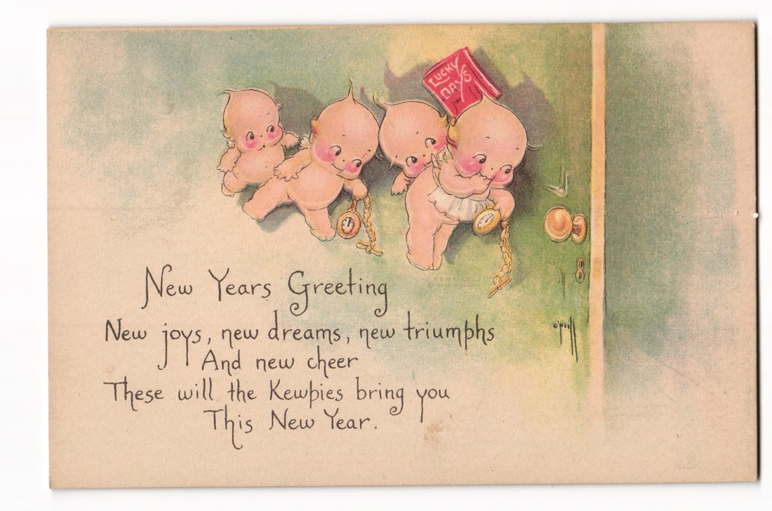 c. 1910s New Year's Greeting Postcard, Rose O'Neill Kewpies with Pocket Watches, Gibson Art Co. (1 of 2)