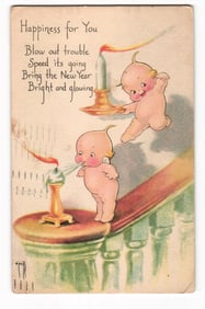 1926 New Year Postcard: Kewpie-like Cherubs Blow Out Trouble Candle, Hudson Falls, NY Postmark