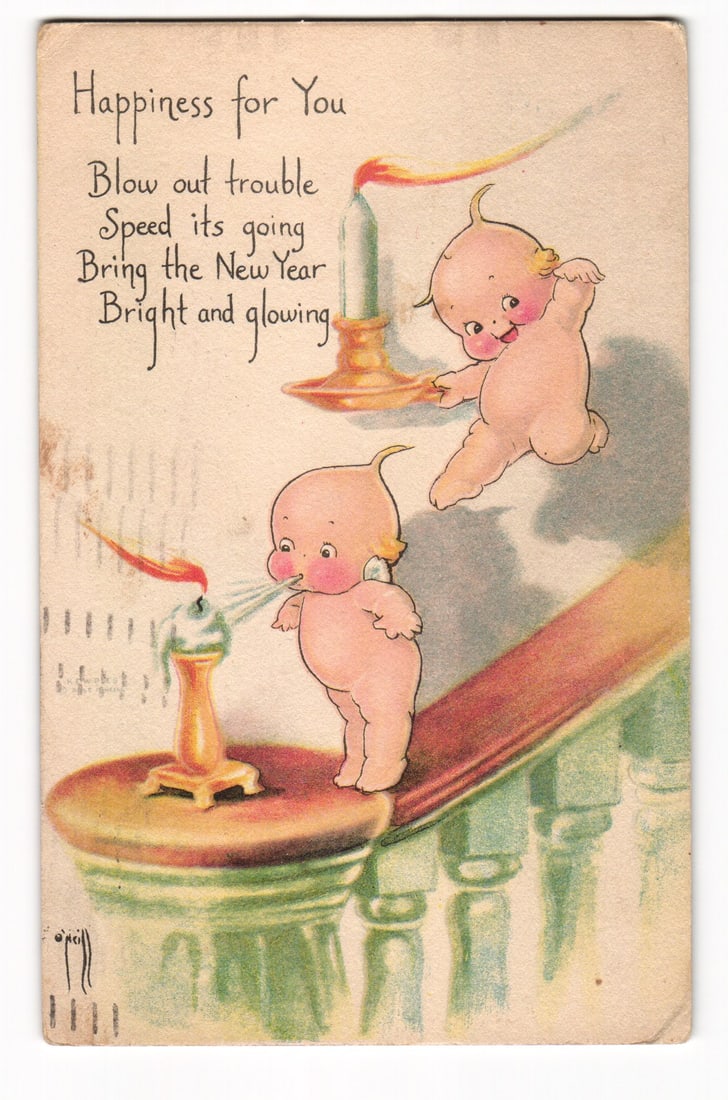 1926 New Year Postcard: Kewpie-like Cherubs Blow Out Trouble Candle, Hudson Falls, NY Postmark (1 of 2)