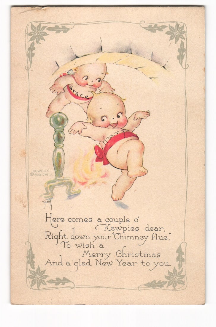 1921 Rose O'Neill Christmas Kewpies Postcard, "Grace" & Friend Down Chimney Flue, Gibson Art: Please view photos for further description and condition considerations. Please know the scans may be darker or lighter than the actual card's true appearance. ACME Auctions offers FREE DOMESTIC SHIPP