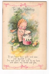 1918 Gibson Art Co. Valentine Postcard, Kewpie-like Figure & Jam Jar, Michigan Postmark