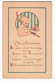 c. 1915 Christmas Postcard of Kewpie-like Baby Writing with Quill Pen, Postmarked Ford, Kansas.