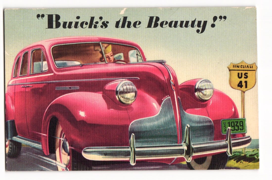 1939 "Buick's the Beauty!" Lithograph Advertising Postcard of a Red Sedan on US Highway 41: Please view photos for further description and condition considerations. Please know the scans may be darker or lighter than the actual card's true appearance. ACME Auctions offers FREE DOMESTIC SHIPP