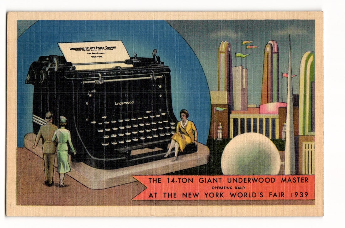 1939 New York World's Fair Linen Postcard: Underwood's 14-Ton Giant Master Typewriter Exhibit (1 of 2)