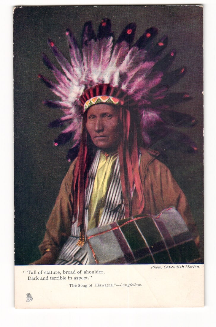 c.1905 Tuck Oilette "Hiawatha" Postcard. Native American Man in Elaborate Feather Headdress. (1 of 2)