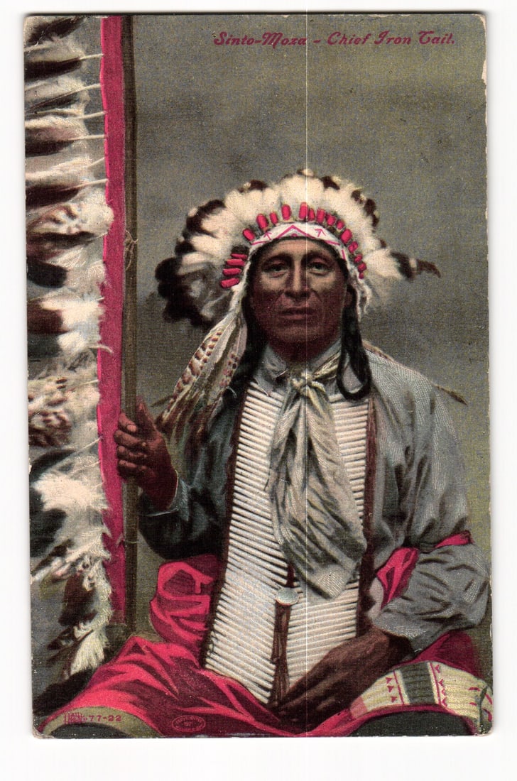 Circa 1910 Postcard of Oglala Lakota Chief Iron Tail (Sinto-Maza) in Full Ceremonial Regalia. (1 of 2)