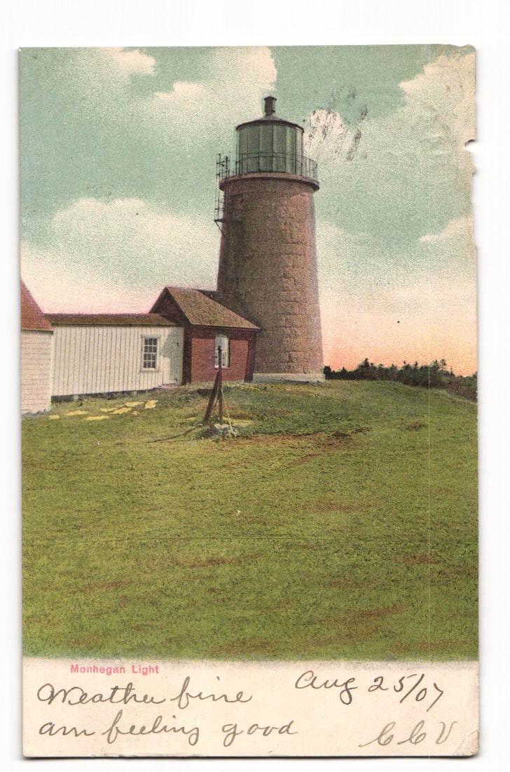 Vintage 1907 Postcard showing the historic Monhegan Light lighthouse on a grassy hill, Maine. (1 of 2)