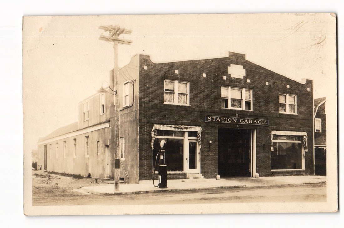 RPPC Real Photo Postcard of the "Station Garage," a vintage brick building with gas pump, USA, c.: Please view photos for further description and condition considerations. Please know the scans may be darker or lighter than the actual card's true appearance. ACME Auctions offers FREE DOMESTIC SHIPP
