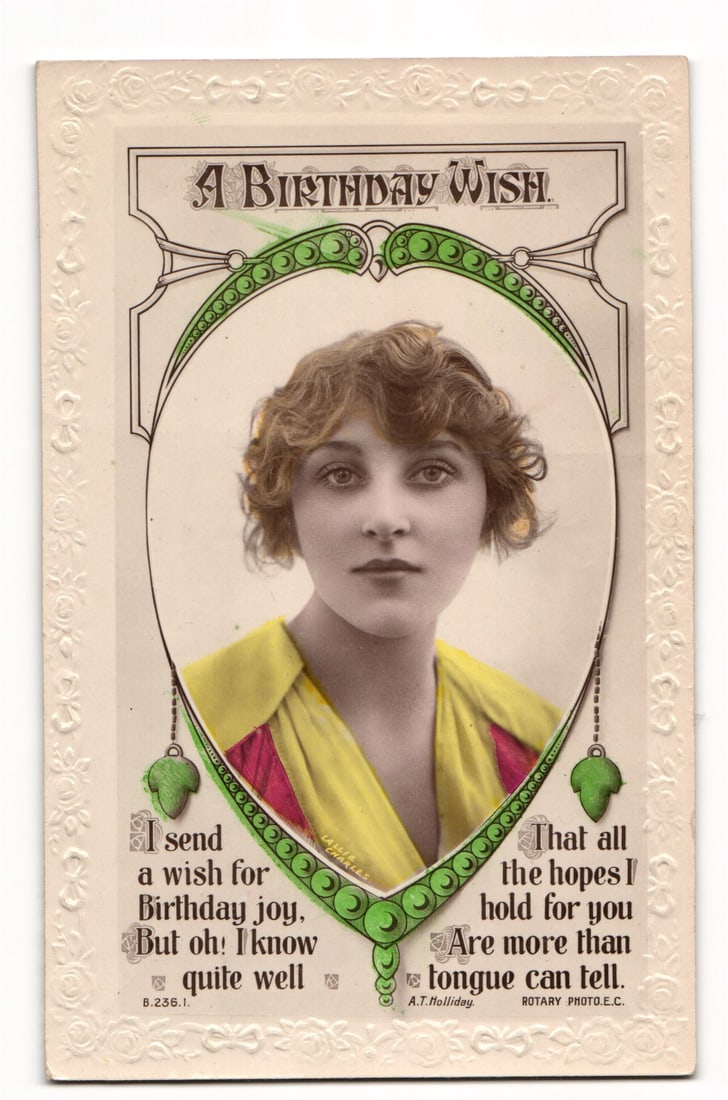 Art Nouveau RPPC real photo postcard of a beautiful hand-tinted woman, A Birthday Wish, c. 1910s.: Please view photos for further description and condition considerations. Please know the scans may be darker or lighter than the actual card's true appearance. ACME Auctions offers FREE DOMESTIC SHIPP