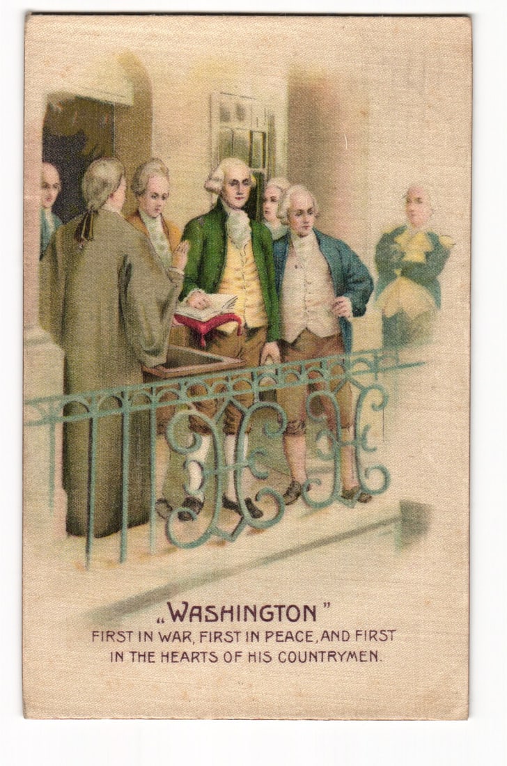Antique postcard of George Washington with his eulogy quote, a patriotic lithograph from c. 1911. (1 of 2)