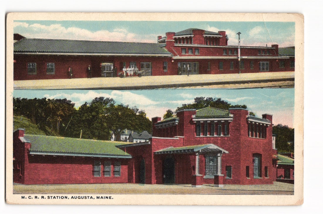 Vintage postcard with two views of the Maine Central Railroad Station in Augusta, Maine, circa (1 of 2)