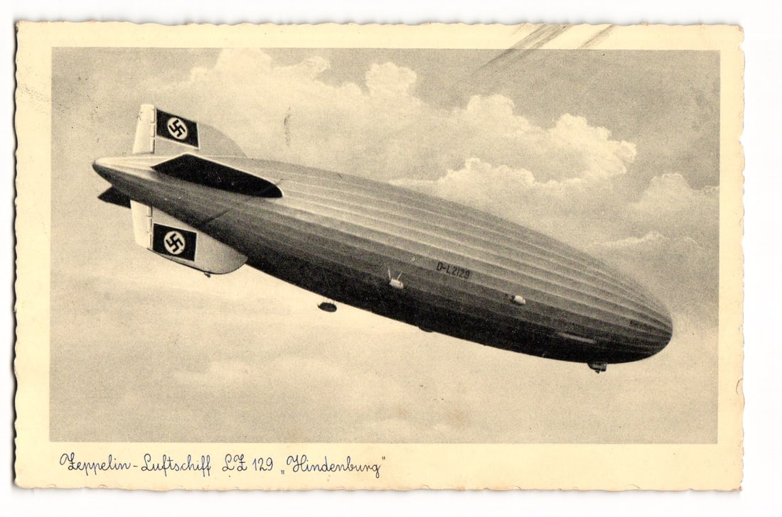 Vintage German postcard of the Zeppelin airship LZ 129 Hindenburg with Nazi-era swastikas, c. 1937: Please view photos for further description and condition considerations. Please know the scans may be darker or lighter than the actual card's true appearance. ACME Auctions offers FREE DOMESTIC SHIPP