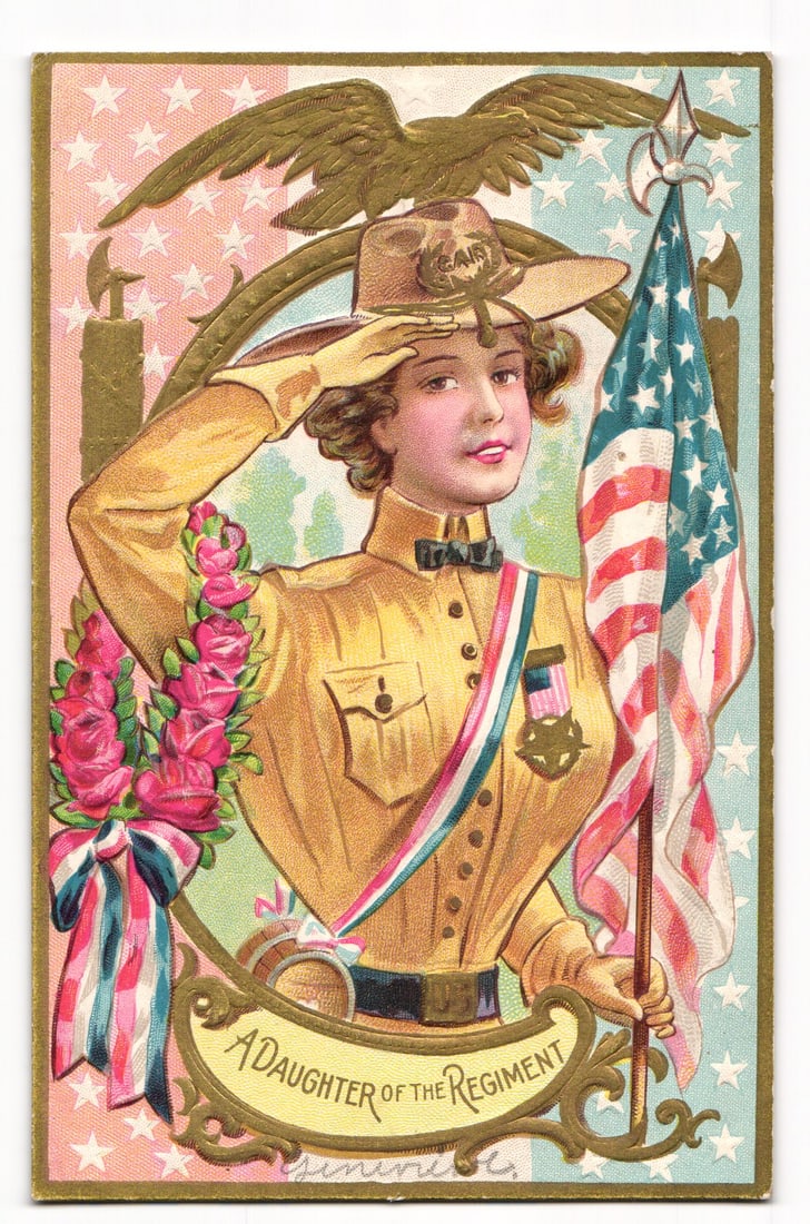 Decoration Day Series postcard 'A Daughter of the Regiment,' woman in uniform saluting a US flag.: Please view photos for further description and condition considerations. Please know the scans may be darker or lighter than the actual card's true appearance. ACME Auctions offers FREE DOMESTIC SHIPP