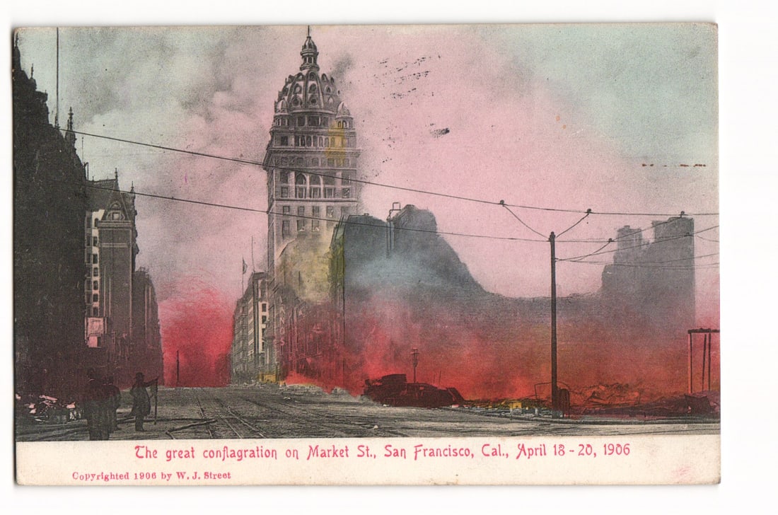 Vintage postcard showing the great conflagration on Market St., San Francisco, CA, April 1906.: Please view photos for further description and condition considerations. Please know the scans may be darker or lighter than the actual card's true appearance. ACME Auctions offers FREE DOMESTIC SHIPP
