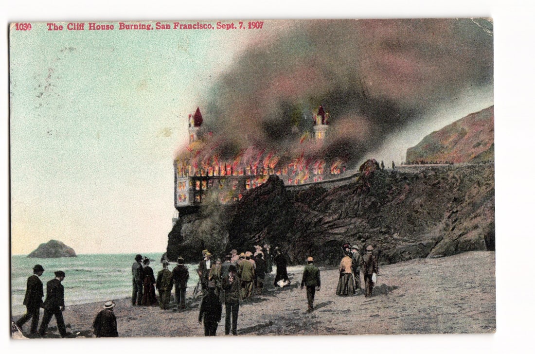 Vintage Postcard of The Cliff House Burning in San Francisco, CA as seen by Spectators, Sept 1907.: Please view photos for further description and condition considerations. Please know the scans may be darker or lighter than the actual card's true appearance. ACME Auctions offers FREE DOMESTIC SHIPP