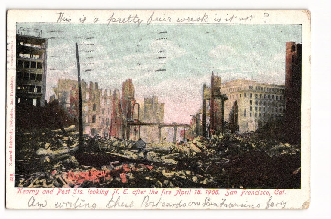 1906 San Francisco Earthquake & Fire Aftermath Postcard, Kearny & Post Sts. Ruin, mailed 1907: Please view photos for further description and condition considerations. Please know the scans may be darker or lighter than the actual card's true appearance. ACME Auctions offers FREE DOMESTIC SHIPP
