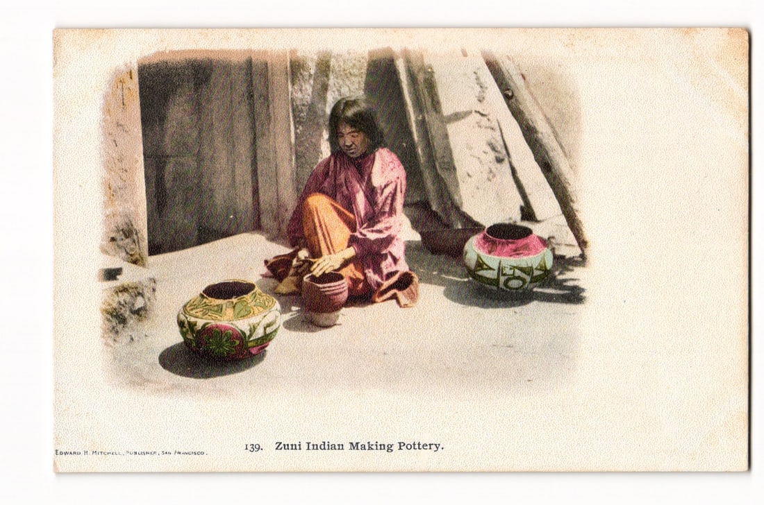 Vintage postcard by Edward H. Mitchell showing a Zuni Indian Making Pottery in the Southwest: Please view photos for further description and condition considerations. Please know the scans may be darker or lighter than the actual card's true appearance. ACME Auctions offers FREE DOMESTIC SHIPP