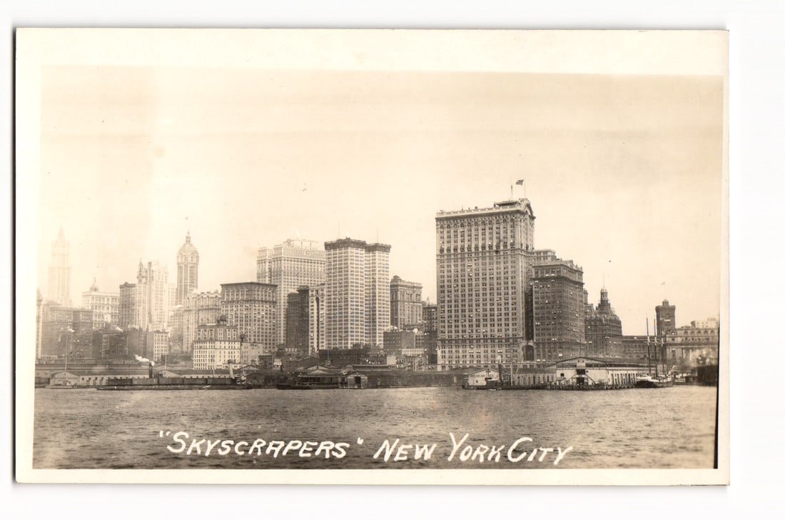 RPPC Real Photo Postcard of the Lower Manhattan Skyline, "Skyscrapers" New York City, circa 1919. (1 of 2)