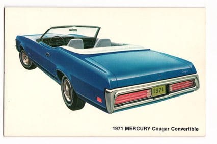 Vintage 1971 Mercury Cougar Convertible promotional postcard. A blue luxury sports car