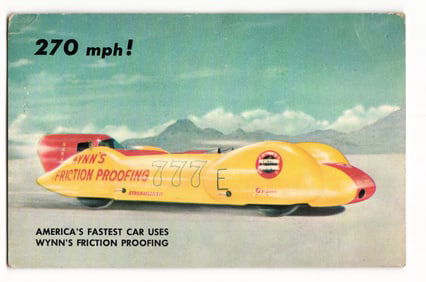 Vintage postcard of the Wynn's Friction Proofing Streamliner 777 at Bonneville Salt Flats, c. 1950s