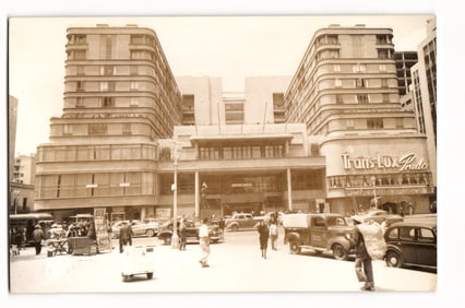 Art Deco Trans-Lux Prado Cinema and Hotel Building, Mexico City Street Scene with Vintage Cars