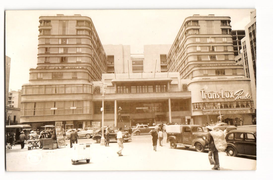Art Deco Trans-Lux Prado Cinema and Hotel Building, Mexico City Street Scene with Vintage Cars (1 of 2)