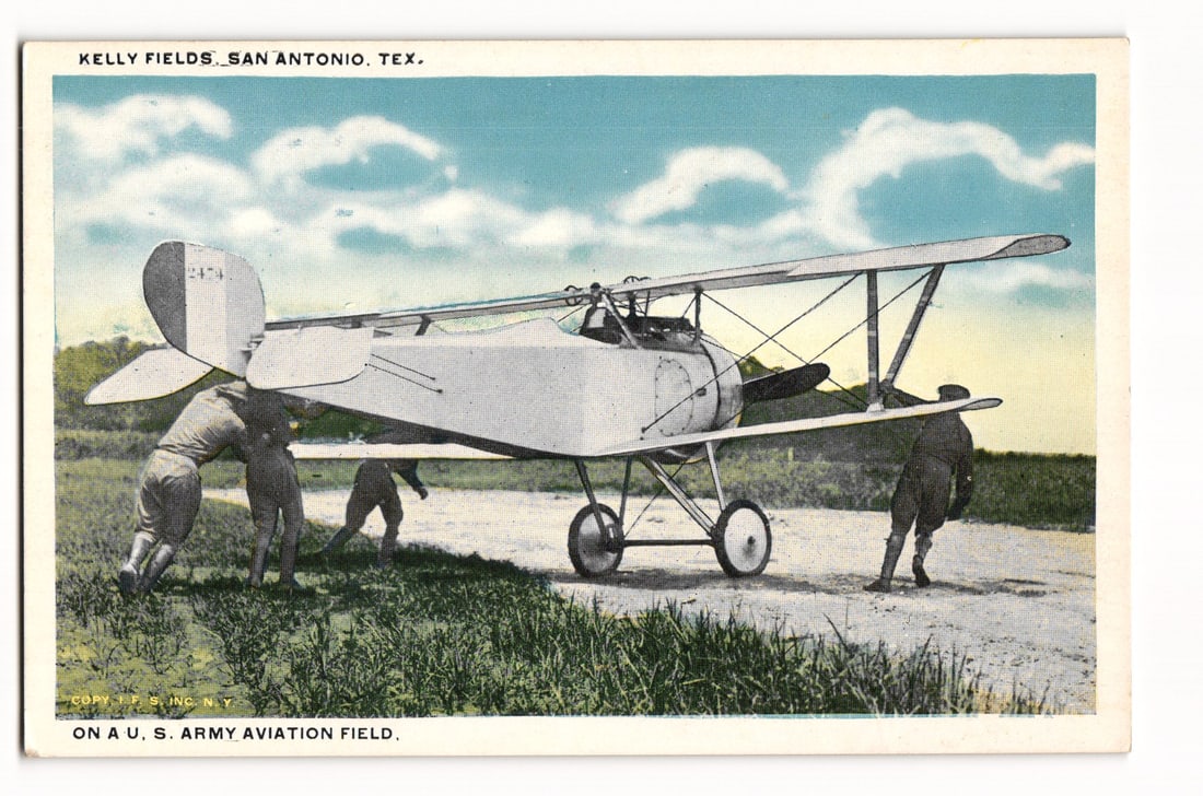Kelly Field San Antonio Texas Postcard, Early U.S. Army Aviation Biplane Scene, Dahlroge Publisher (1 of 2)