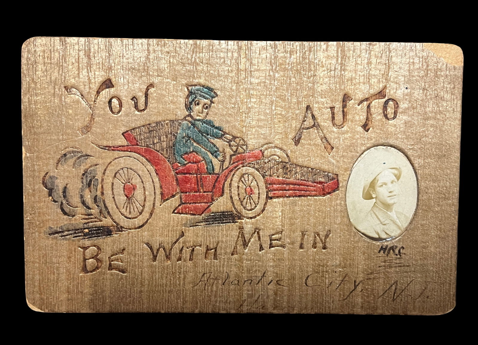 1906 Wooden Postcard “You Auto Be With Me in Atlantic City?? with Real Photo Insert & Car Motif (1 of 2)