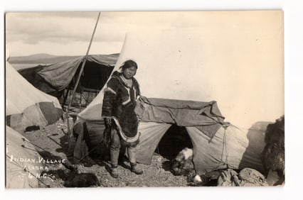 Alaska Native Village Real Photo Postcard, Fur-Clad Figure and Tents, Schallerer’s Seward Shop