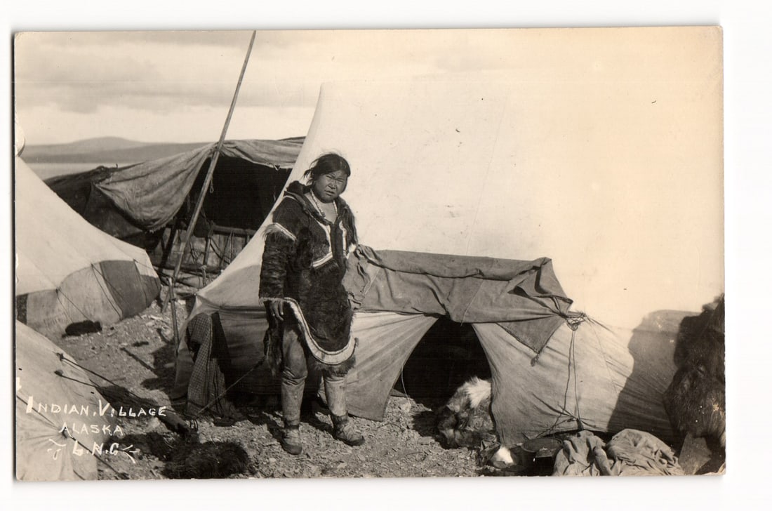 Alaska Native Village Real Photo Postcard, Fur-Clad Figure and Tents, Schallerer’s Seward Shop: Please view photos for further description and condition considerations. Please know the scans may be darker or lighter than the actual card's true appearance. ACME Auctions offers FREE DOMESTIC SHIPP