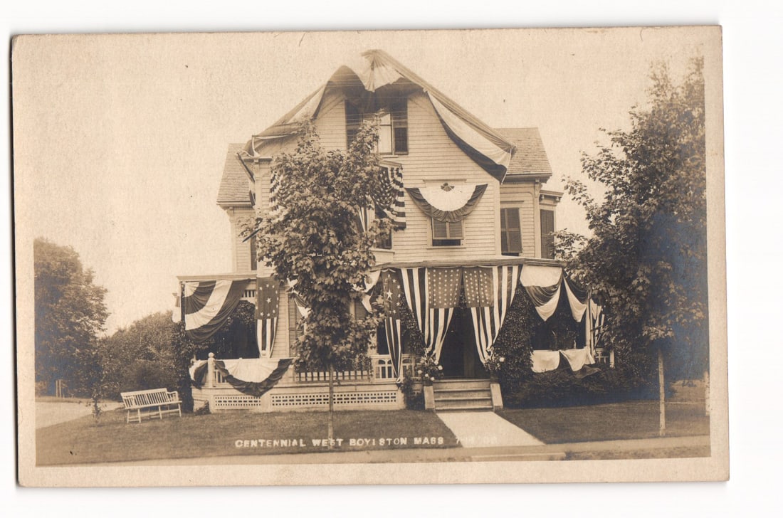 Centennial Celebration RPPC West Boylston Massachusetts House Draped in Flags and Patriotic Bunting (1 of 2)
