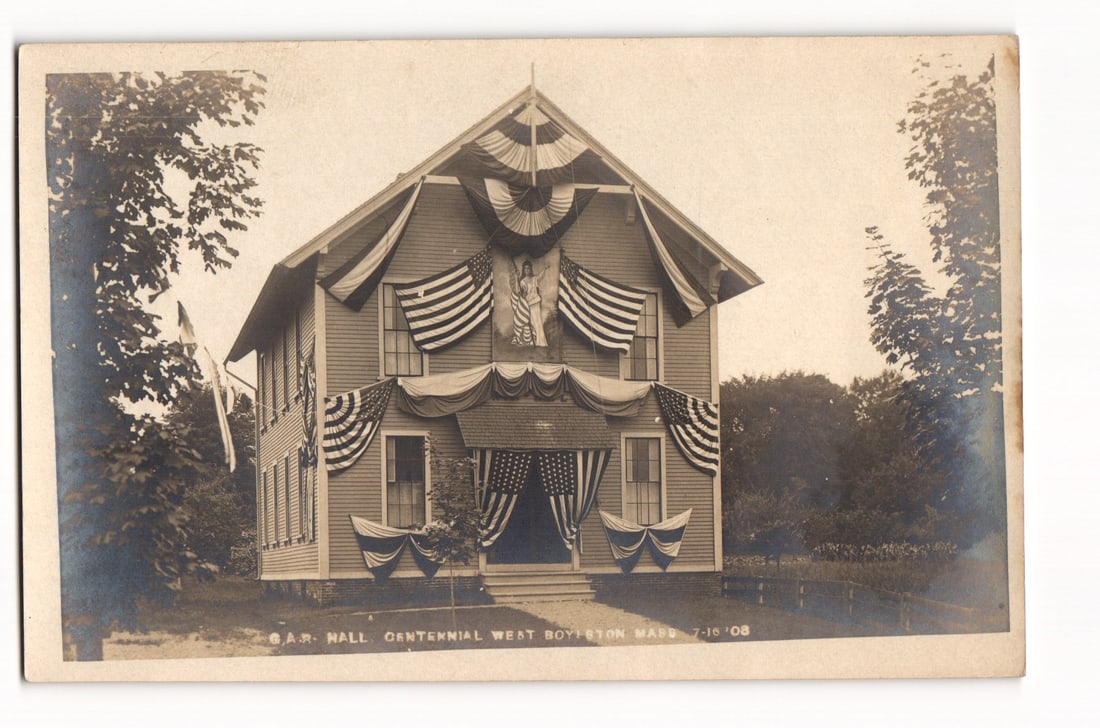 G.A.R. Hall RPPC West Boylston Massachusetts Centennial 1908 Draped in Flags and Patriotic Bunting (1 of 2)