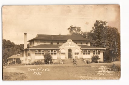 1928 RPPC Camp Knox Kentucky Station Hospital Building with Soldiers Walking on Grounds Real Photo