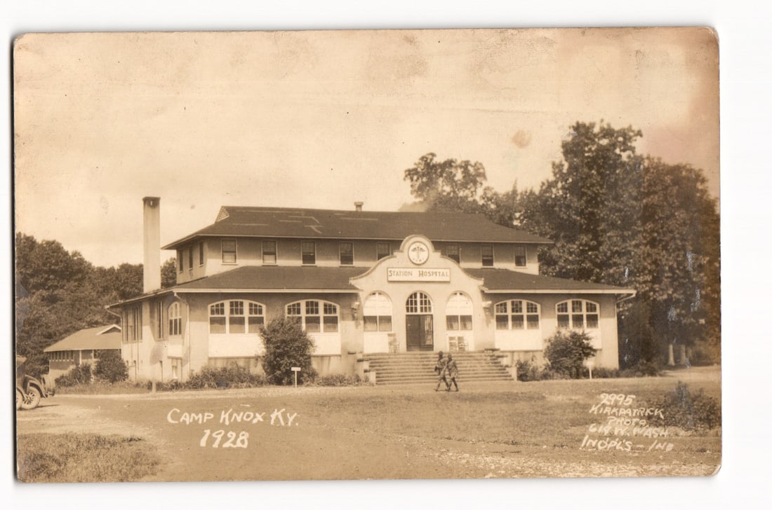 1928 RPPC Camp Knox Kentucky Station Hospital Building with Soldiers Walking on Grounds Real Photo: Please view photos for further description and condition considerations. Please know the scans may be darker or lighter than the actual card's true appearance. ACME Auctions offers FREE DOMESTIC SHIPP